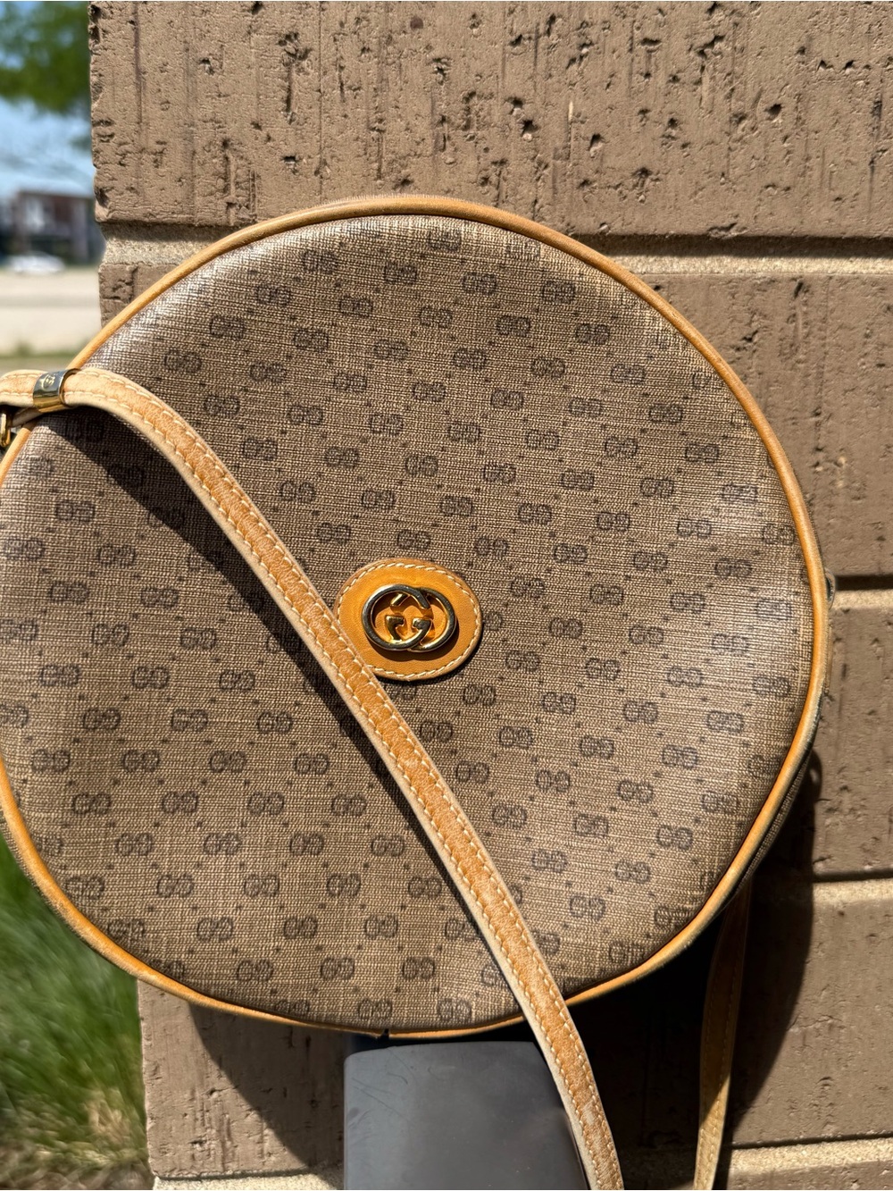 Vintage Gucci Brown Monogram Round Crossbody with Tan Trim and Gold Accent